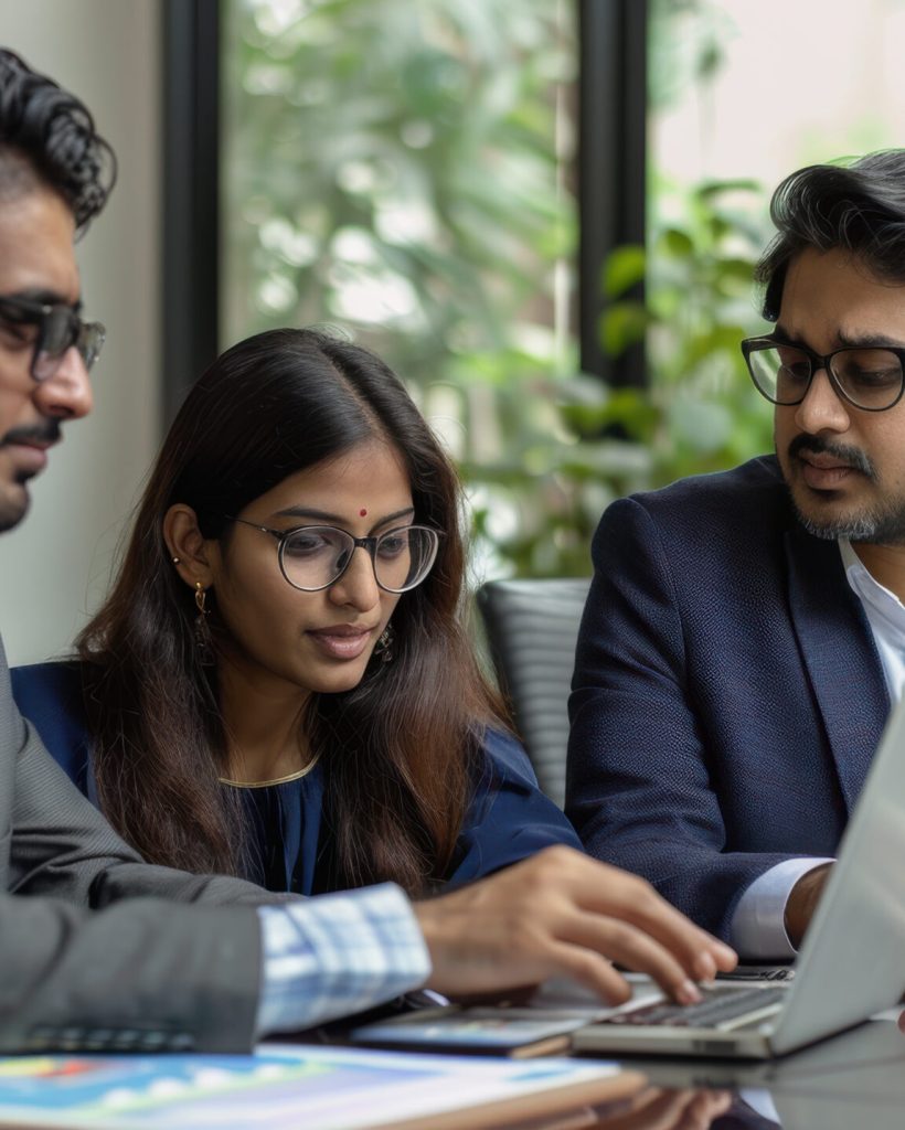 A team of Indian financial consultants, a man and a woman, using a laptop to plan stock market strategies in a stylish office.