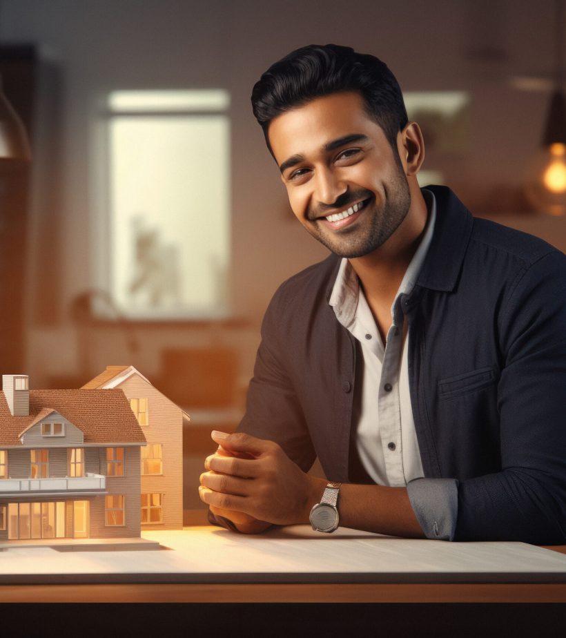 Man smiling and showing house. real estate concept.